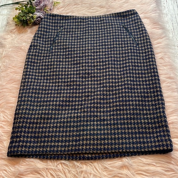 J. McLaughlin Brown Navy Wool Houndstooth Pencil Skirt - Picture 1 of 9